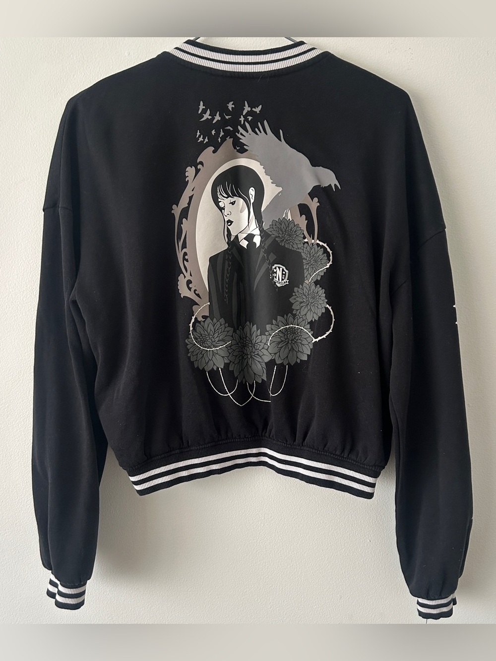 H&M Girls Wednesday Graphic Print Snap Button Bomber Jacket • Size 12